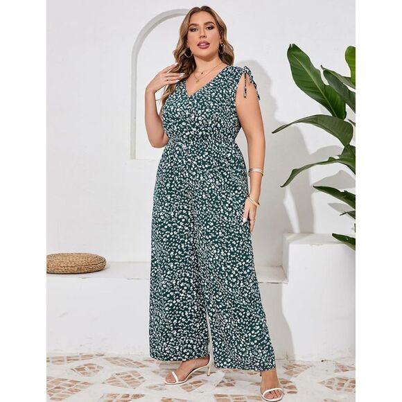 Dark Green Floral Wide Leg Jumpsuit Romper Size 5XL - Picture 4 of 5
